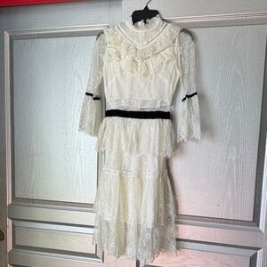 Lace Tiered Ivory Dress with Black Waistband